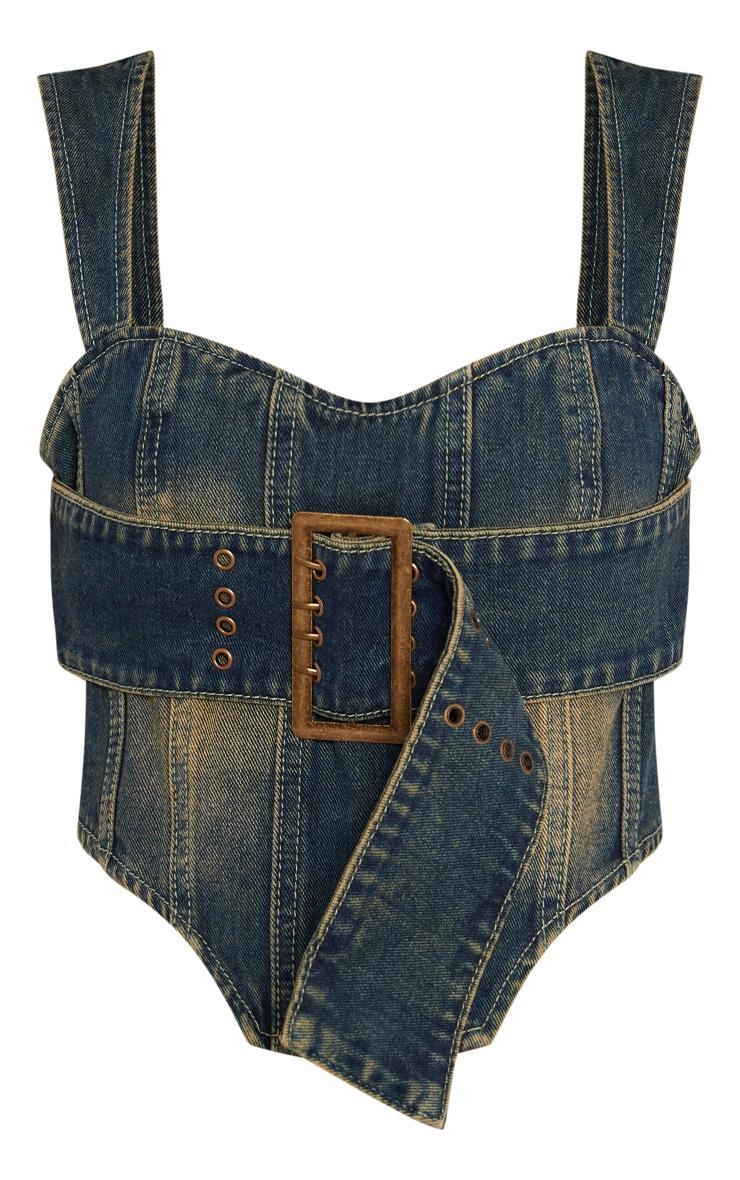 Petite Indigo Vintage Wash Denim Buckle Detail Corset Top Product Image