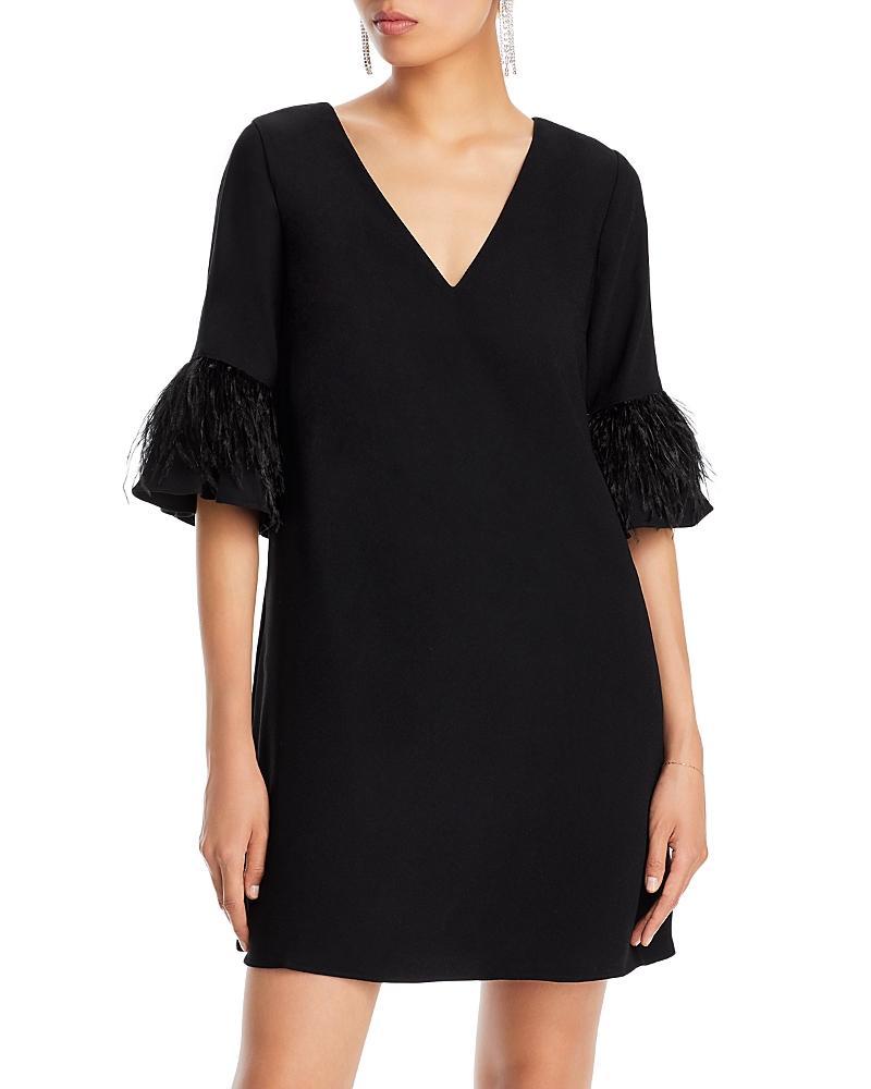 Aidan Mattox V-Neck 34 Feather Trim Trapeze Dress Product Image