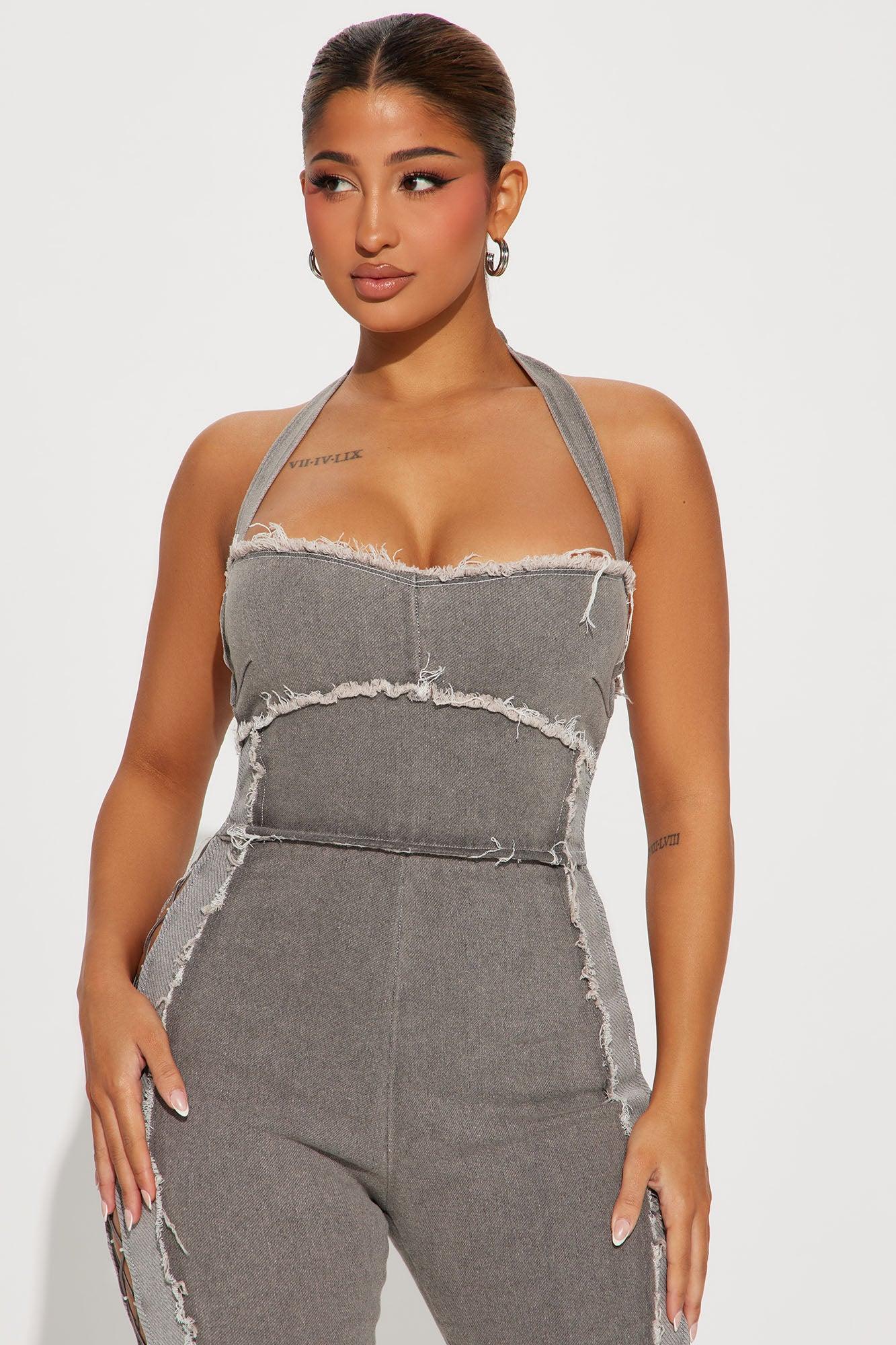 A Bit Flirty Denim Jumpsuit - Charcoal Product Image