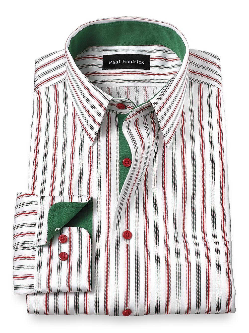 Tailored Fit Non-iron Cotton Stripe Dress Shirt With Contrast Trim Product Image