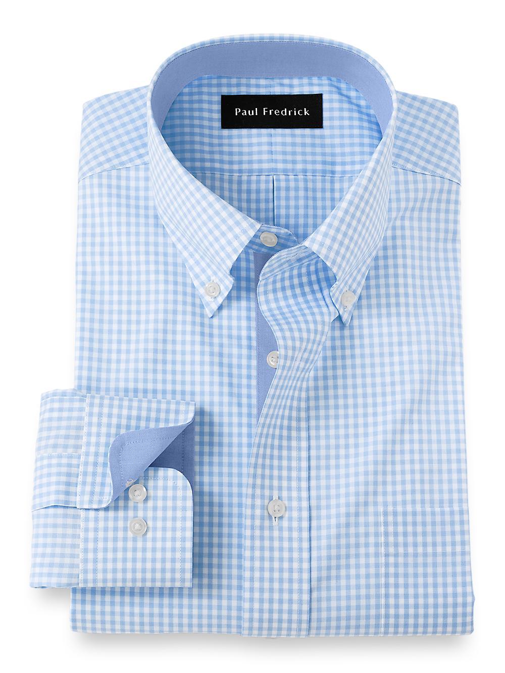 Non-Iron Cotton Check Dress Shirt With Contrast Trim - Blue Product Image