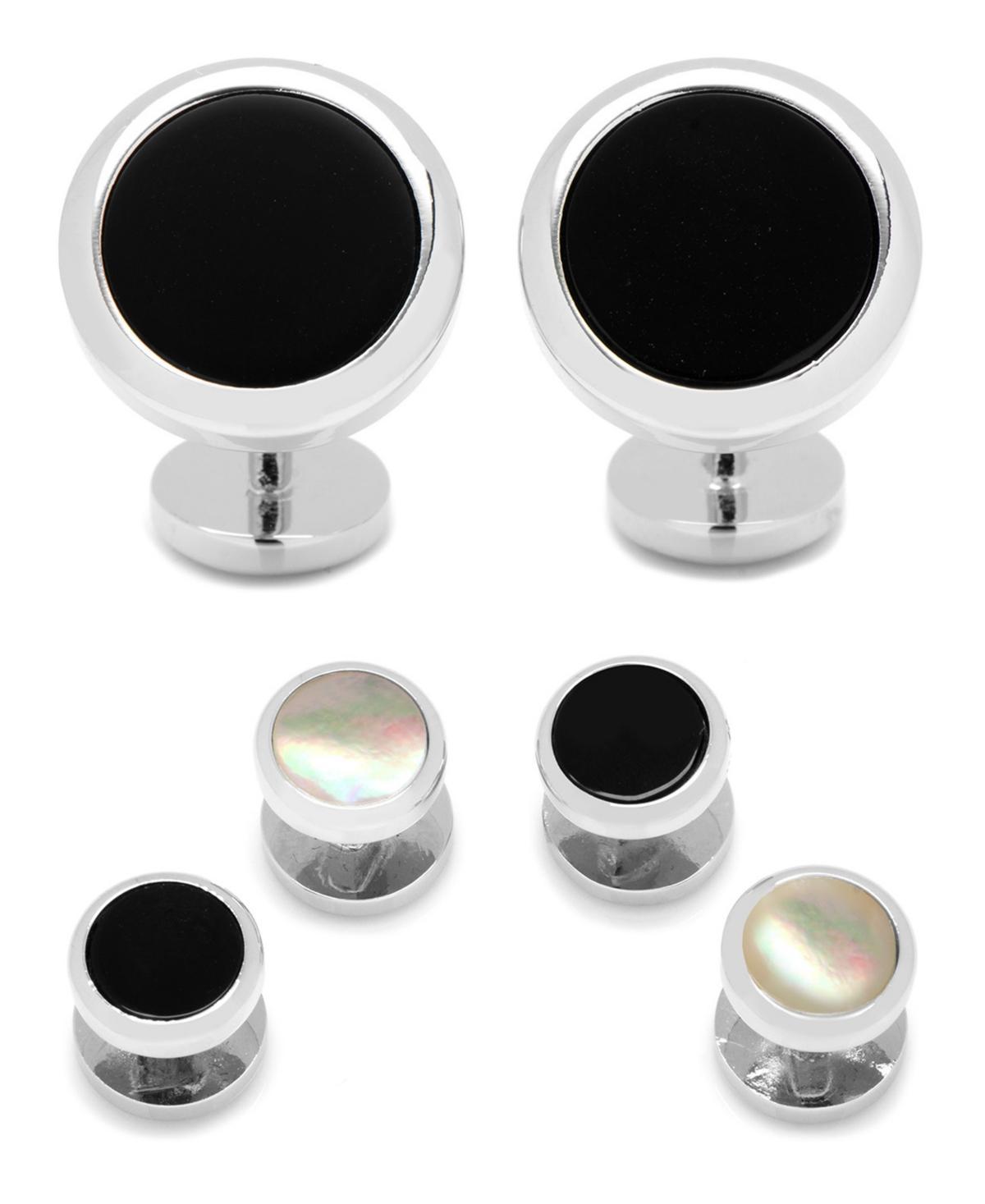 Mens Double Sided Round Beveled Cufflink and Stud Set - Black Product Image