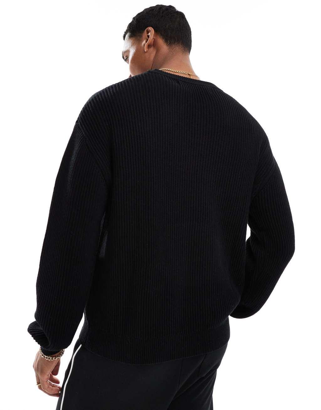 Bershka front graphic ribbed knit sweater in black Product Image