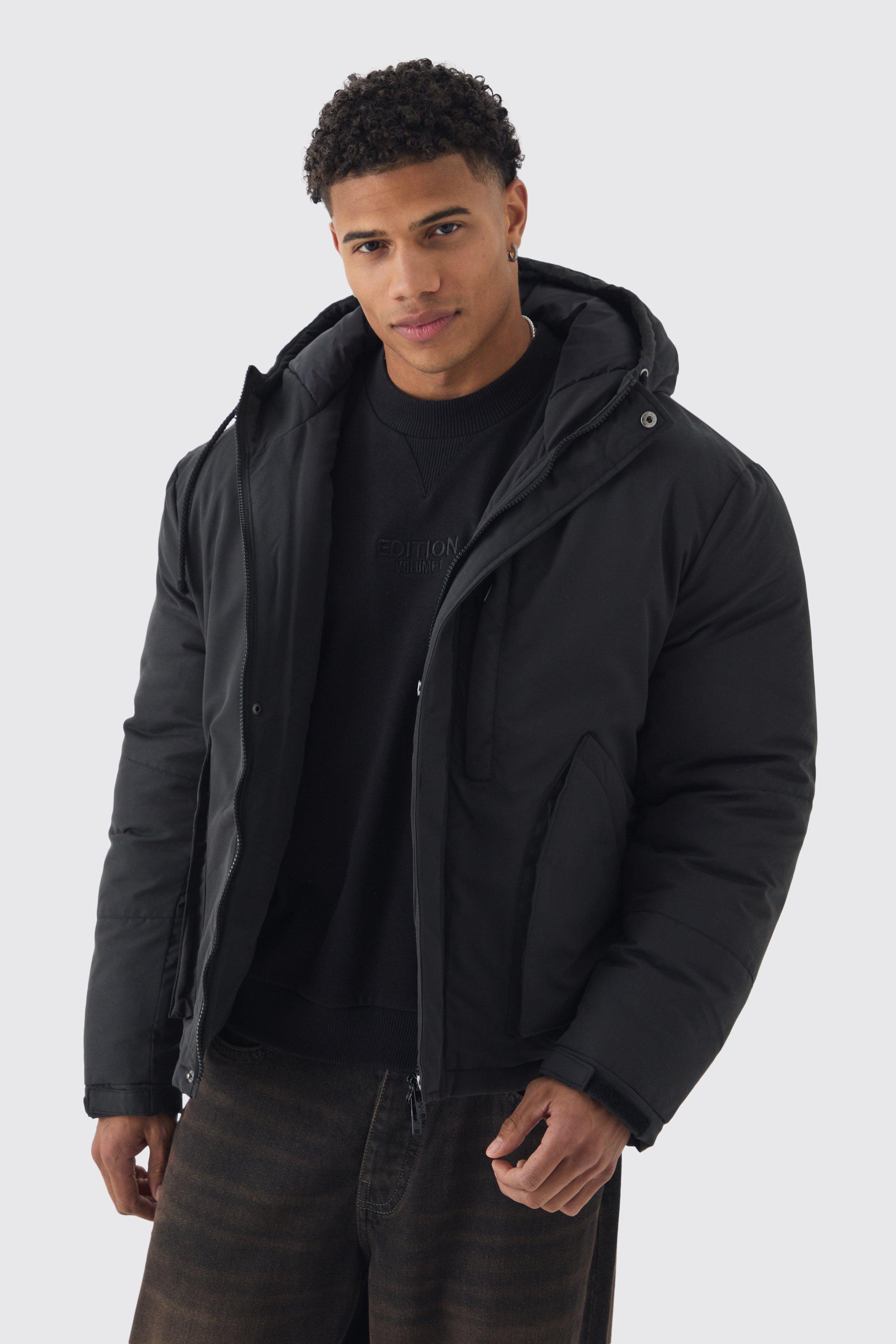 Mens Padded Drawcord Hooded Parka In Black, Black product image