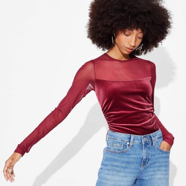 Womens Long Sleeve Mesh to Velour Party Top - Wild Fable Cherry Red M Product Image