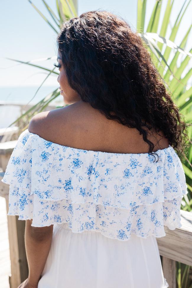 Swaying In A Breeze Blue And Ivory Floral Printed Linen Blouse Product Image