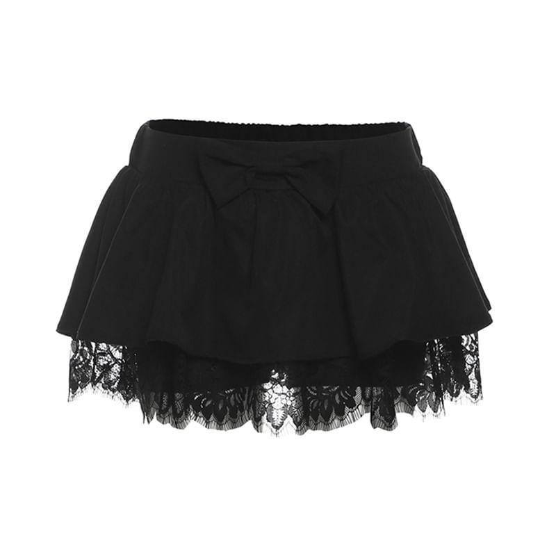 Long-Sleeve Plain Asymmetrical Lace Trim Cropped T-Shirt / Low Rise Mini A-Line Skirt Product Image