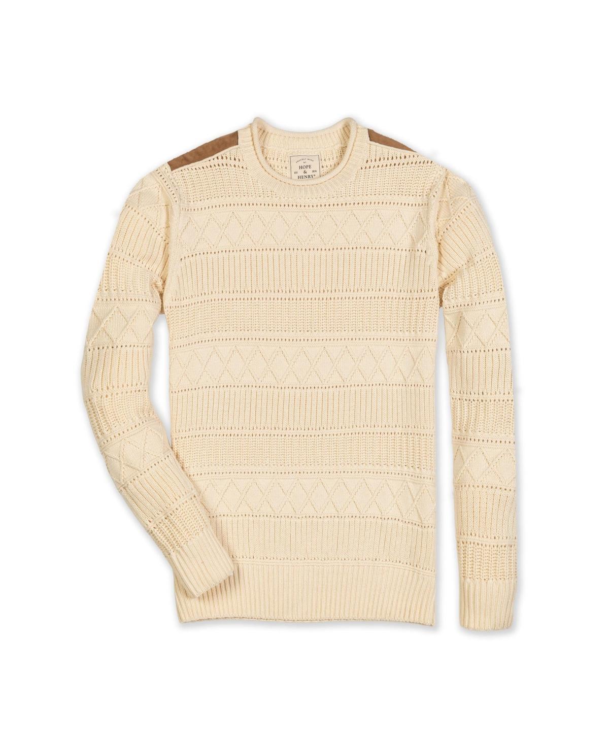 Hope & Henry Mens Organic Crew Neck Cable Sweater with Suede Detail Product Image