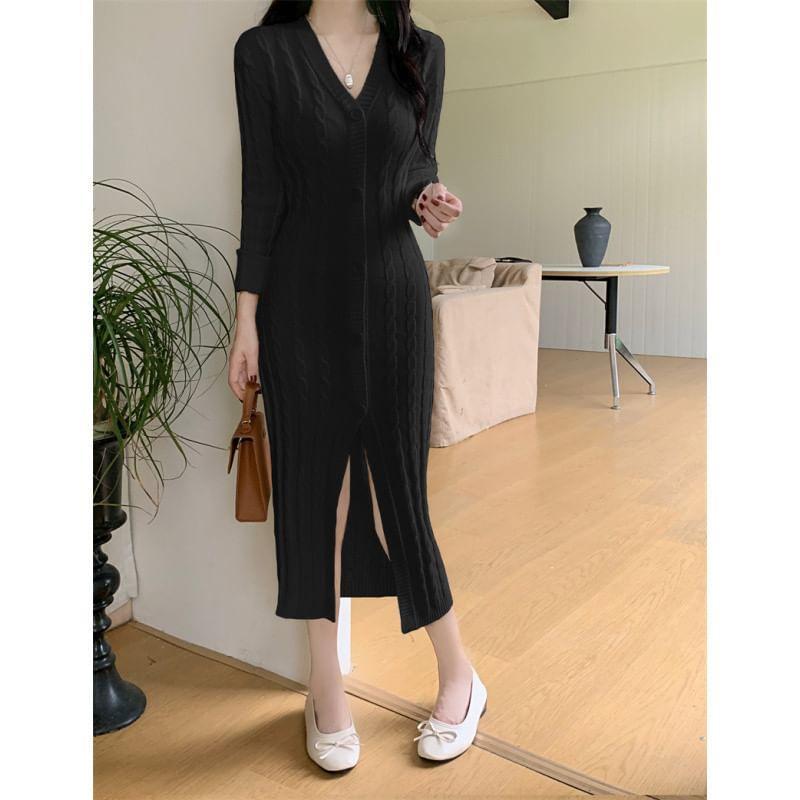 Long-Sleeve V-Neck Plain Button Front Cable Knit Midi Sheath Dress Product Image