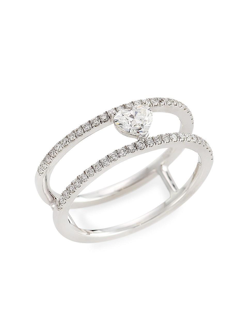 Womens 14K White Gold & Heart Diamond Bar Ring Product Image