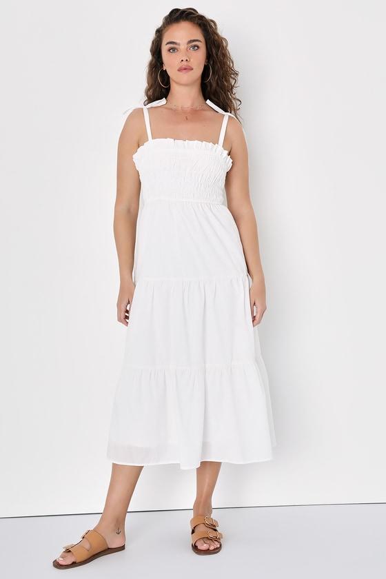 Sunshine Abound White Tie-Strap Smocked Tiered Midi Dress Product Image