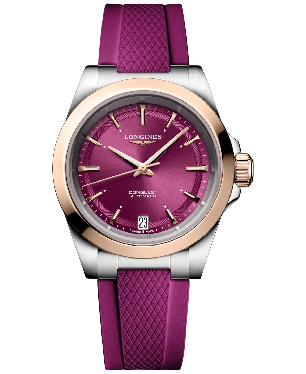 Longines Womens Swiss Automatic Conquest Purple Rubber Strap Watch 34mm Product Image