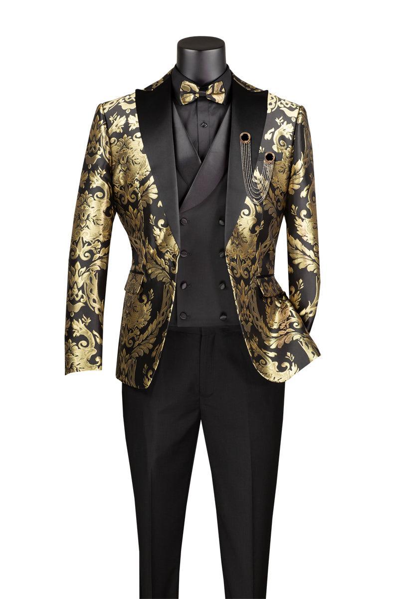 Black Gold Modern Fit 3 Piece Suit with Matching Bow Tie Product Image