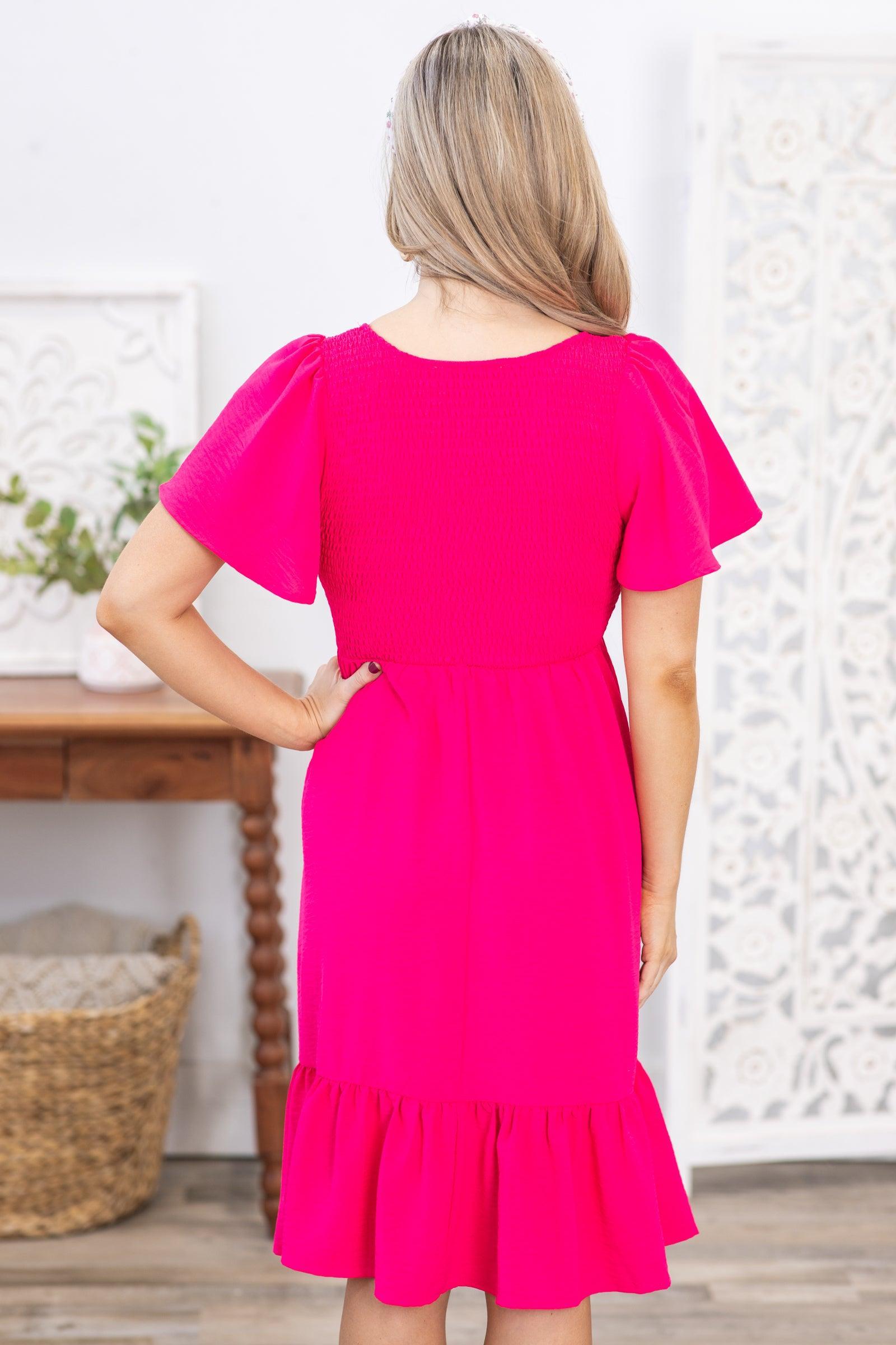 Hot Pink Scoop Neck Smocking Woven Dress Product Image