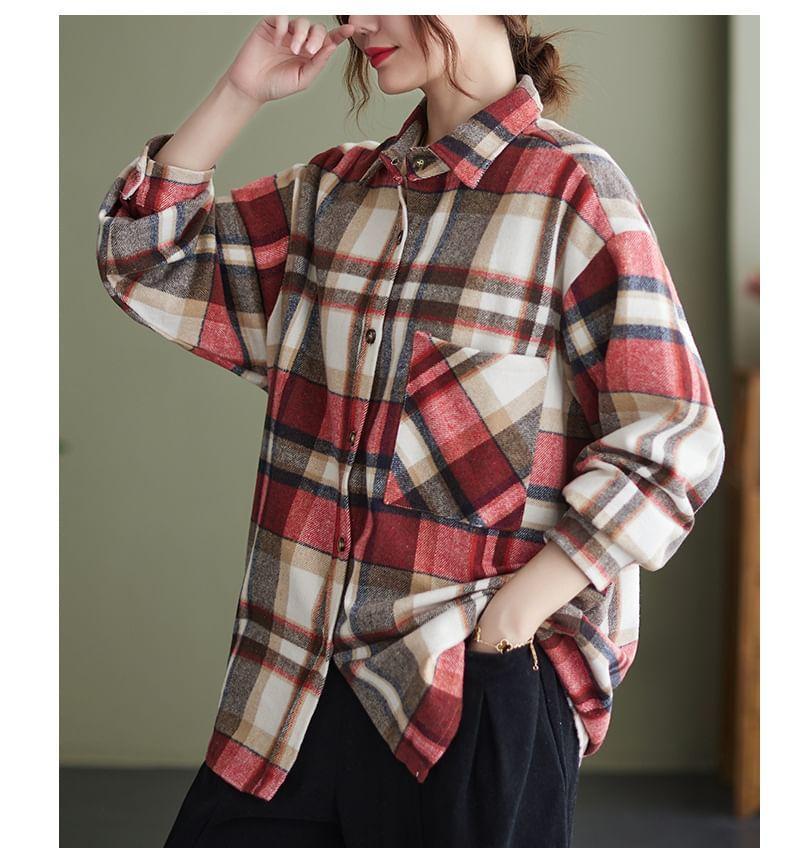 Long-Sleeve Plaid Pocket Detail Shirt Product Image