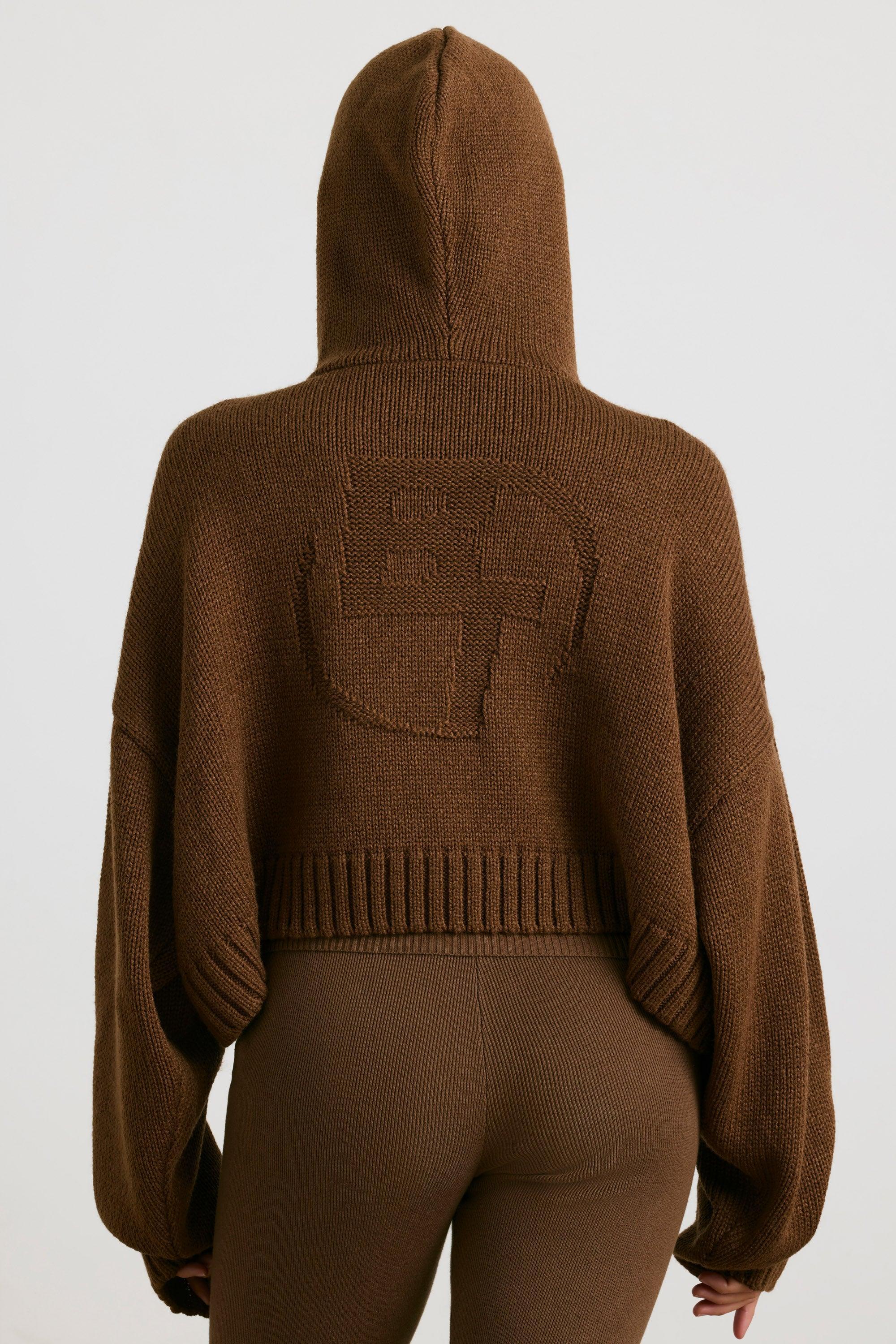 Cropped Zip Up Chunky Knit Hoodie in Espresso Product Image