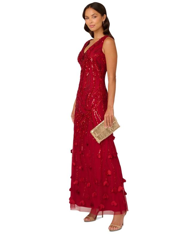 Adrianna Papell Womens V-Neck Beaded Petal-Trim Gown Product Image