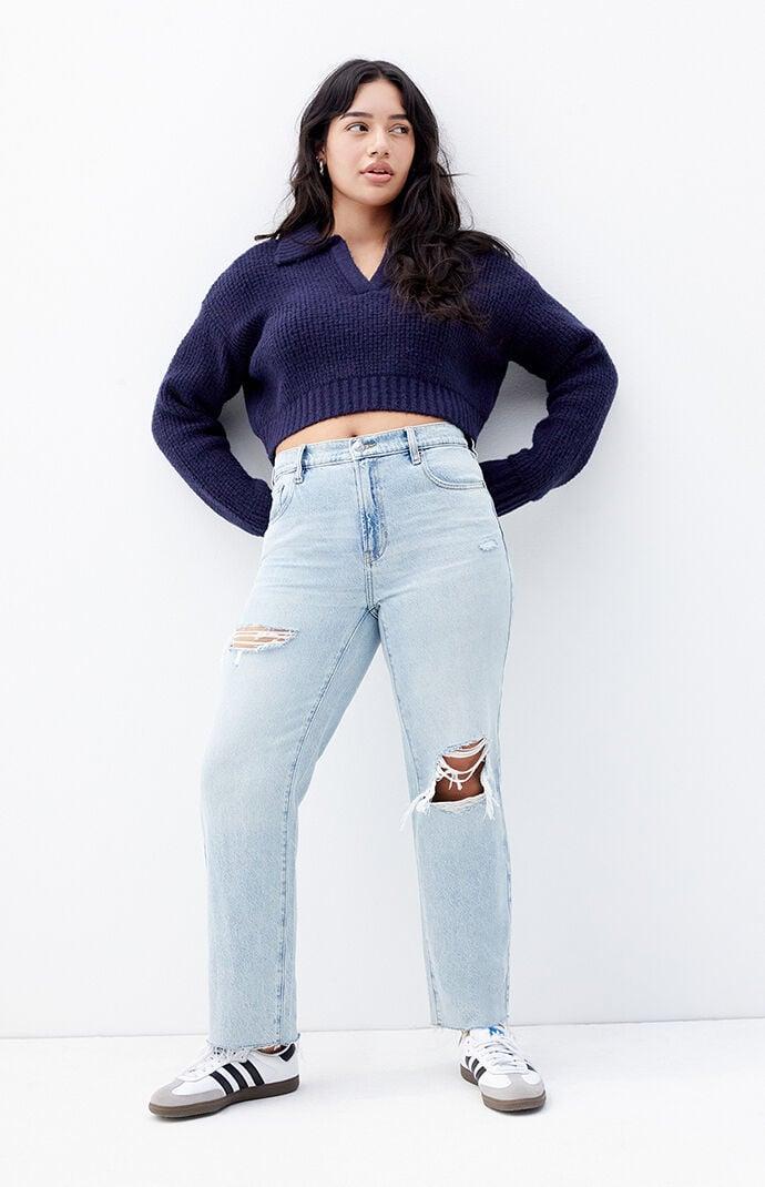 Women's Stretch Light Indigo Ripped '90s Straight Leg Jeans Product Image