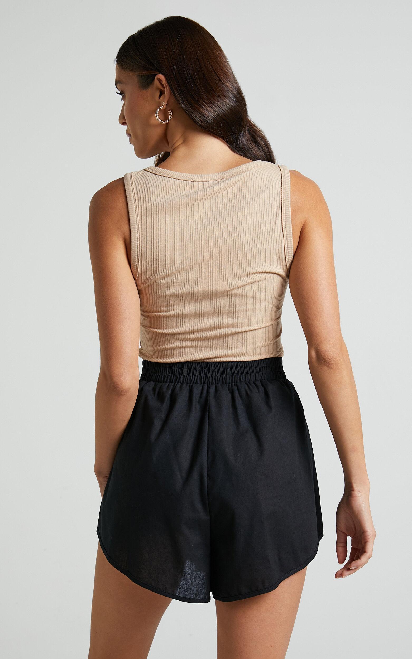 Cartia Short - Linen Look Elasticated Curved Hem Soft Shorts in Black Product Image