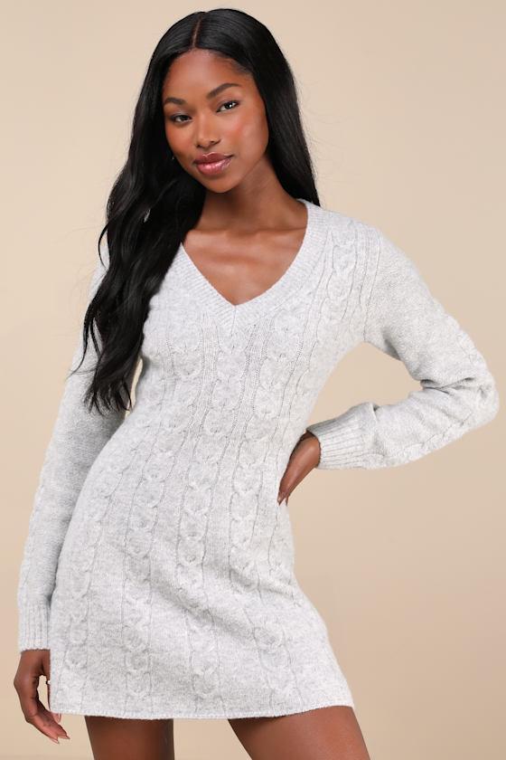 Snuggly Chic Grey Cable Knit Long Sleeve Sweater Mini Dress product image