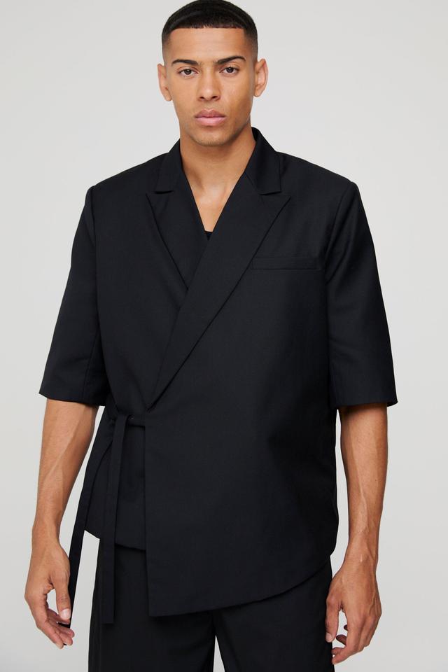 Mens Black Short Sleeve Tie Side Oversized Blazer, Black Product Image