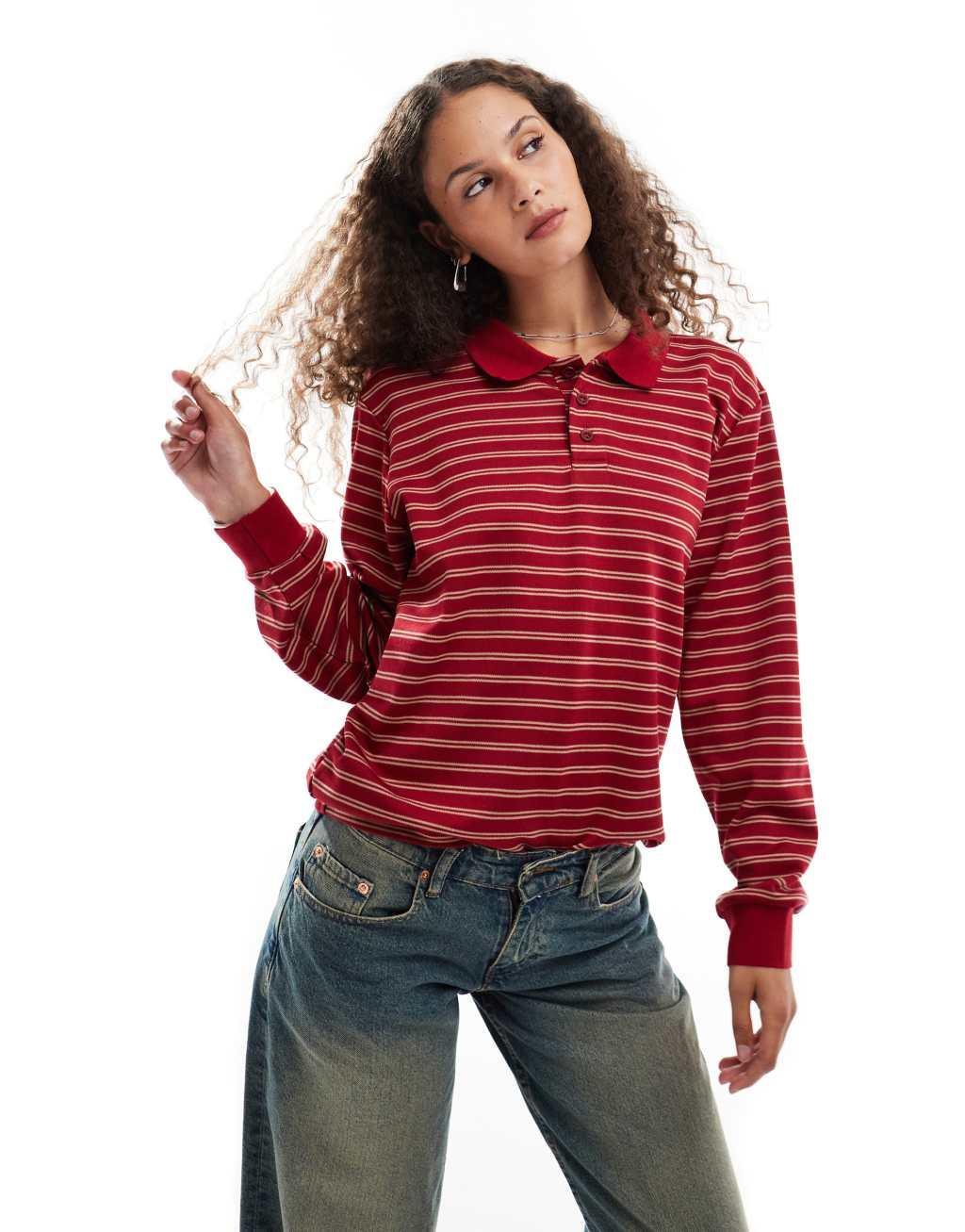 Motel kemillau baggy striped long sleeve rugby top in red and white Product Image