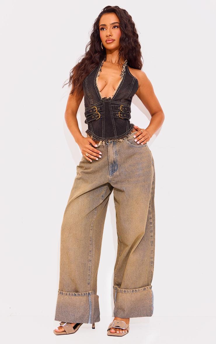 Petite Vintage Wash Denim Turn Up Low Rise Wide Leg Jeans Product Image