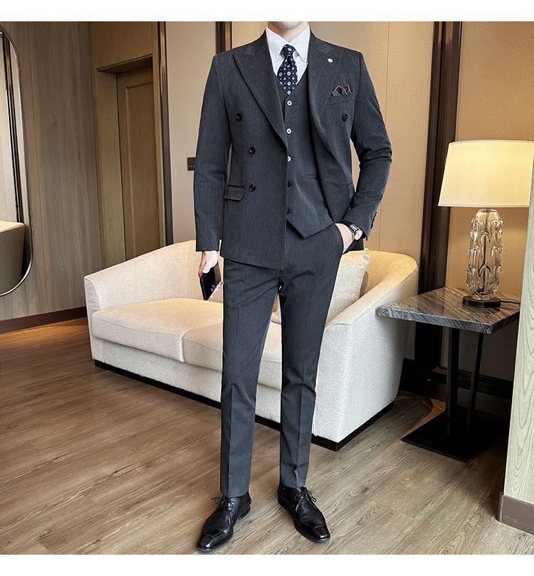 Set: Plain Double-Breasted Blazer + Dress Pants Product Image