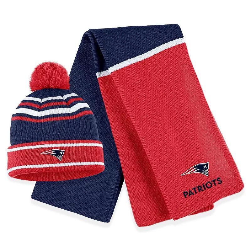 Womens WEAR by Erin Andrews New England Patriots Colorblock Cuffed Knit Hat with Pom and Scarf Set Product Image