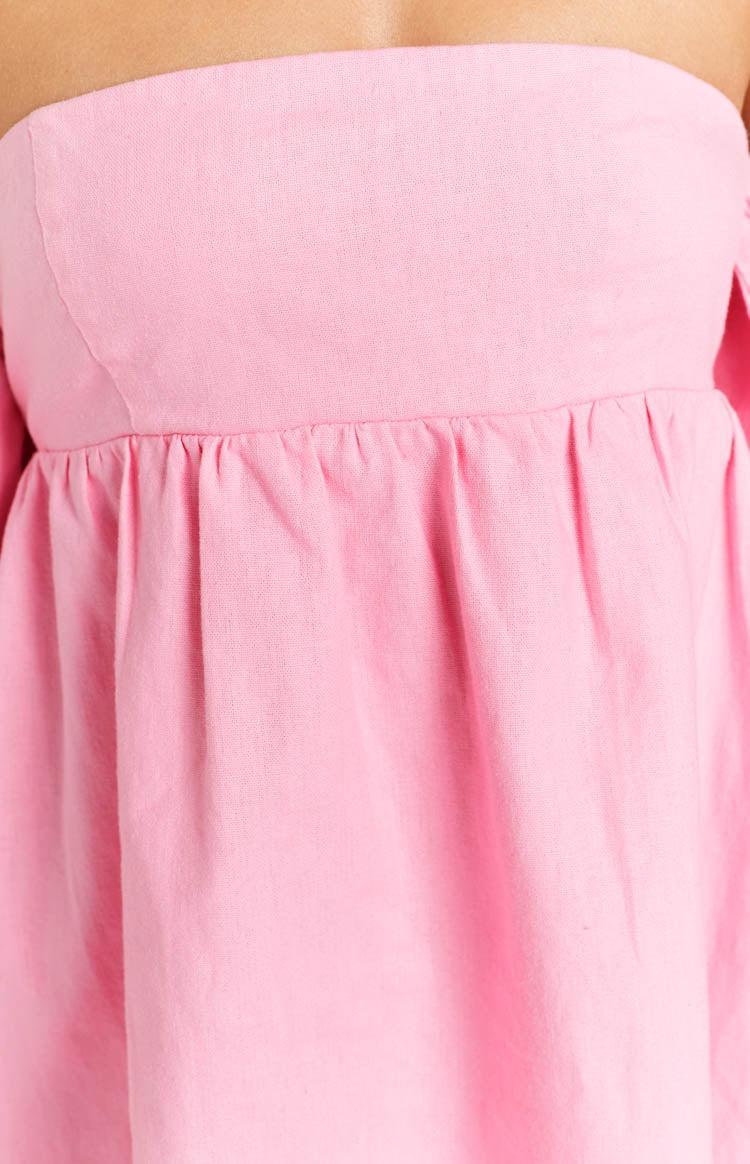 Koa Pink Off Shoulder Linen Mini Dress Product Image