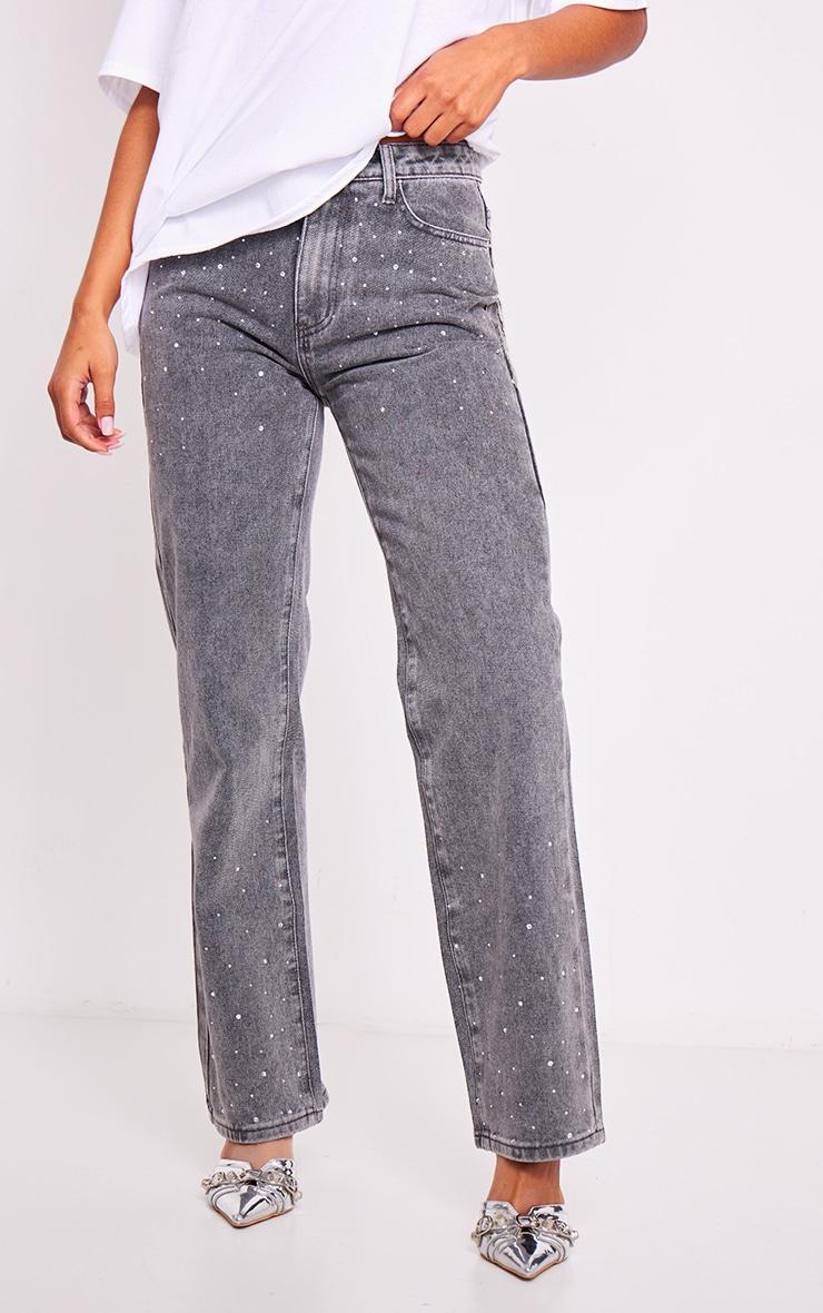 Washed Grey Diamante Straight Leg Jeans Product Image