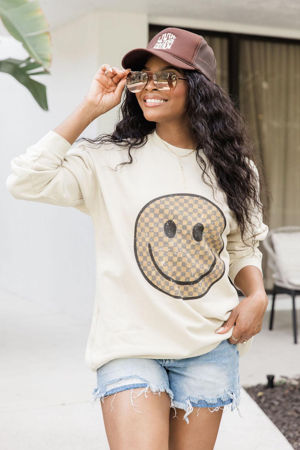 Neutral Checkered Smiley Light Tan Oversized Graphic Sweatshirt Product Image