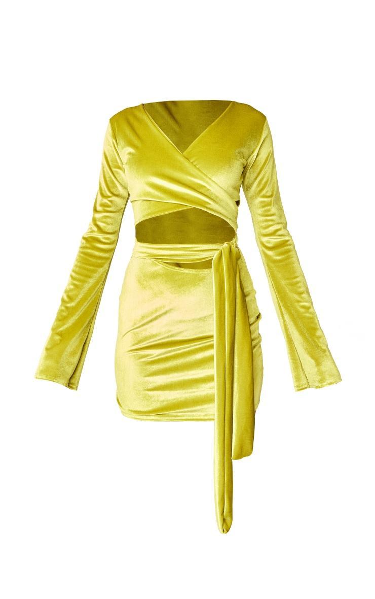 Lime Green Velvet Wrap Around Long Sleeve Bodycon Dress Product Image