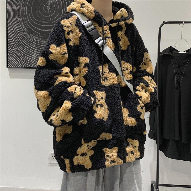 Bear Print Fluffy Hoodie Product Image