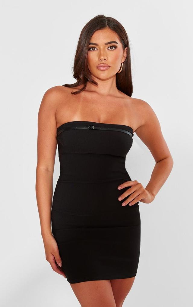 Black Stretch Woven Bandeau Belted Bodycon Dress Product Image