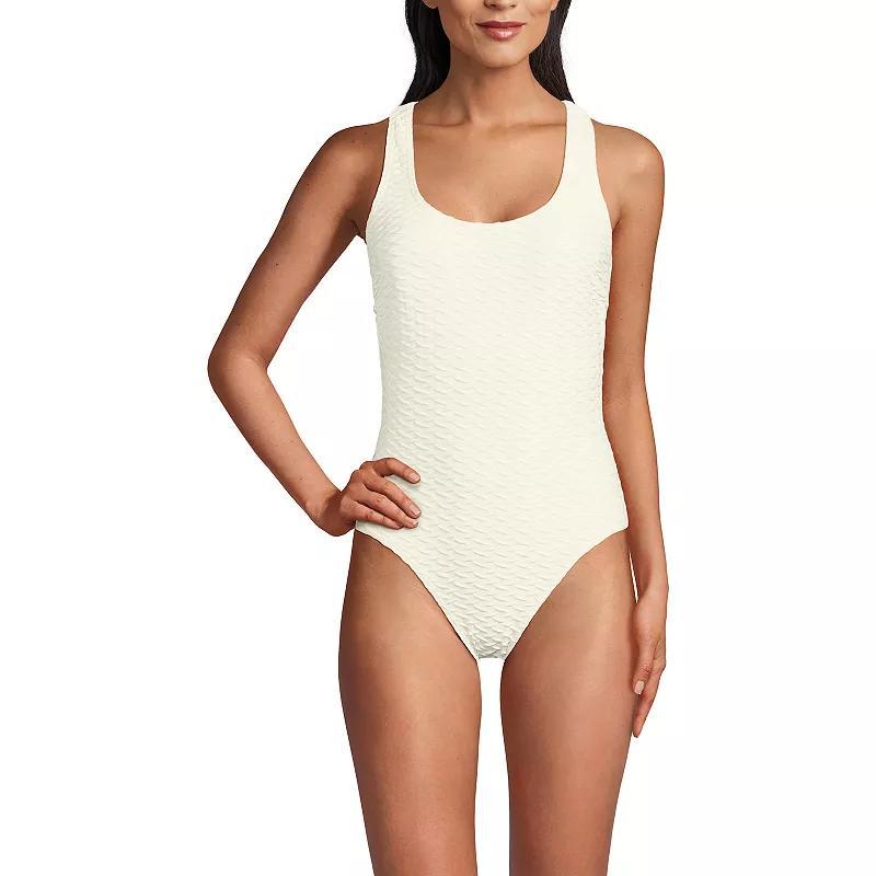 Womens Lands End Jacquard Scoopneck Crossback High Leg Tugless One-Piece Swimsuit Product Image