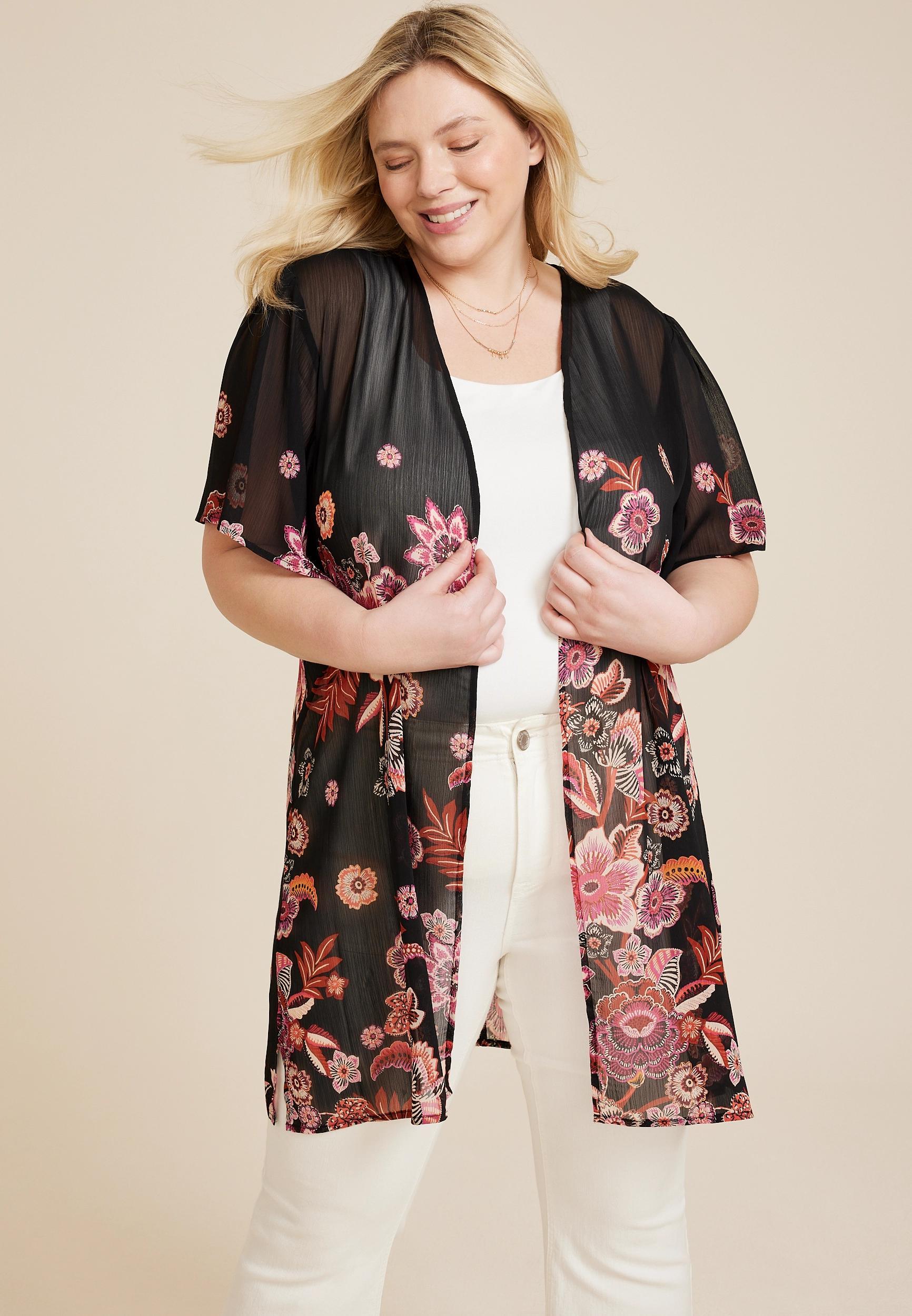 Maurices Plus Size Womens Black Floral Flutter Sleeve Kimono Size 2X Product Image