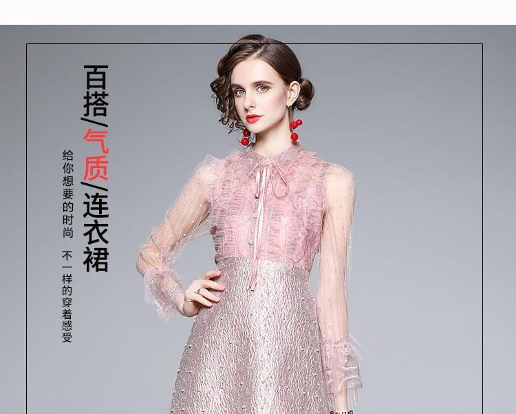 Long-Sleeve Mesh Glitter Panel Mini A-Line Dress Product Image