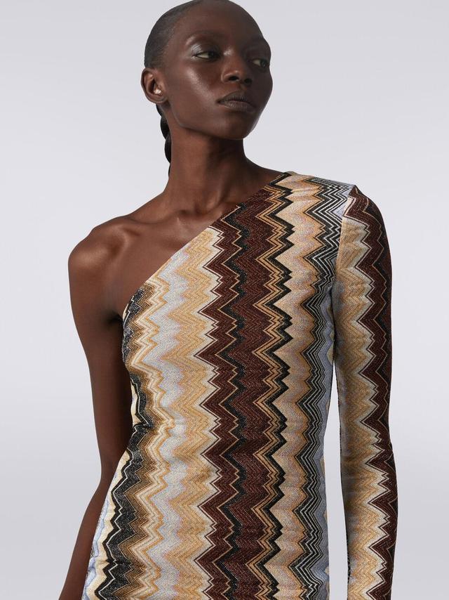 One-shoulder long dress in lamé viscose with zigzag Multicoloured | Missoni Product Image