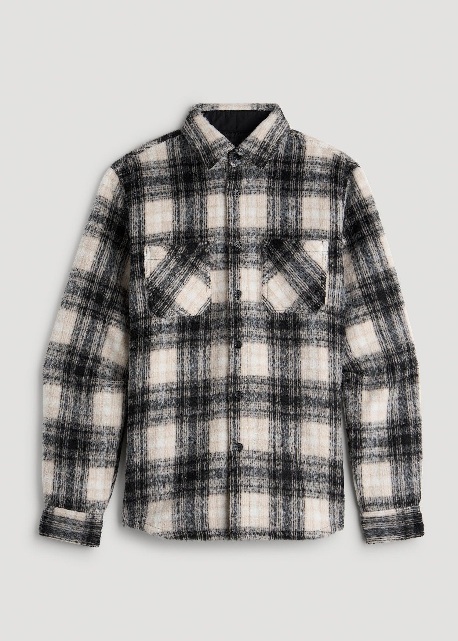 Brushed Flannel Overshirt for Tall Men in Ecru and Black Plaid Male Product Image