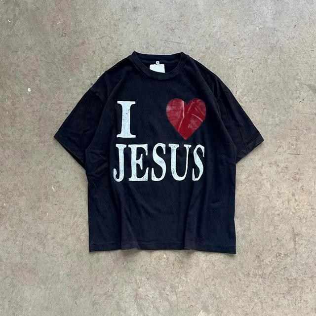  I Love Jesus Graphic Black Cotton T-Shirt Product Image