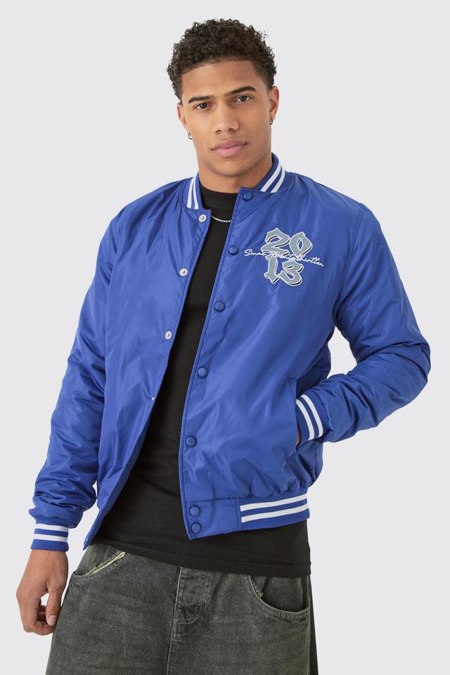 Official Badge Nylon Varsity Bomber Jacket In Blue | boohooMAN USA Product Image