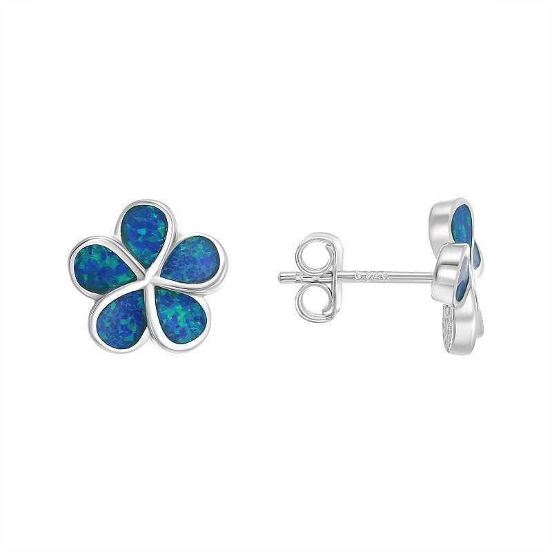 Sterling Silver Lab-Created Blue Opal Flower Stud Earrings, Womens Product Image