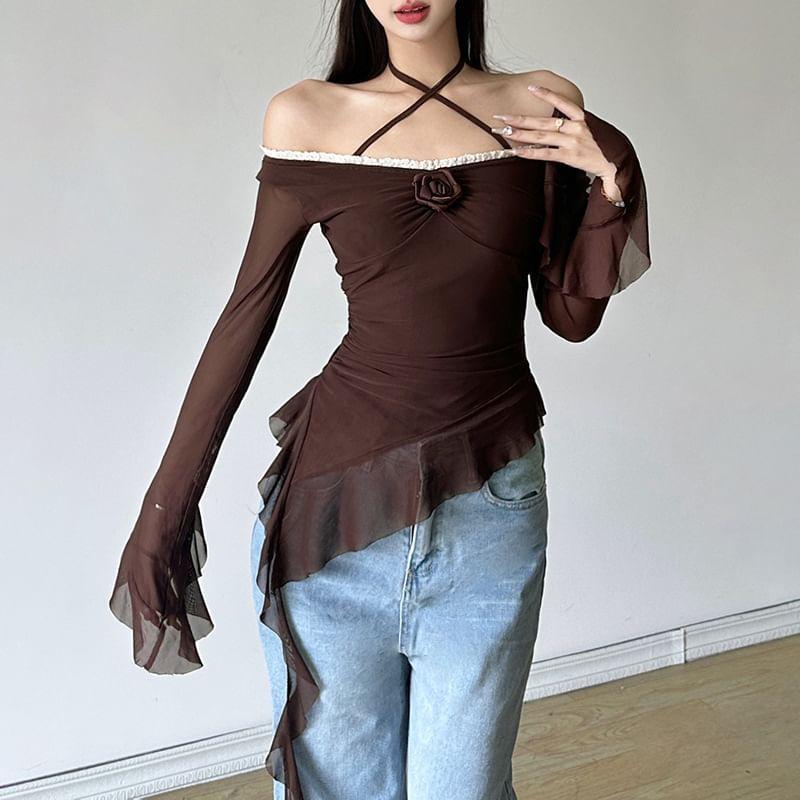 Flared-Sleeve Cold-Shoulder Plain Ruffle Asymmetrical Blouse Product Image