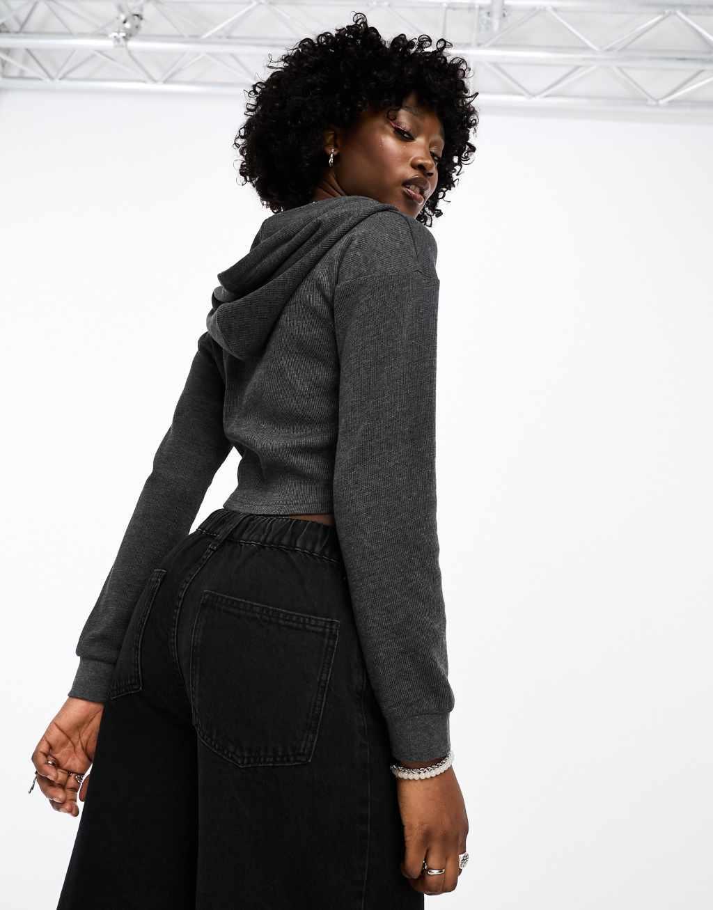 Daisy Street crop zip front hoodie 1992 graphic-Gray Product Image