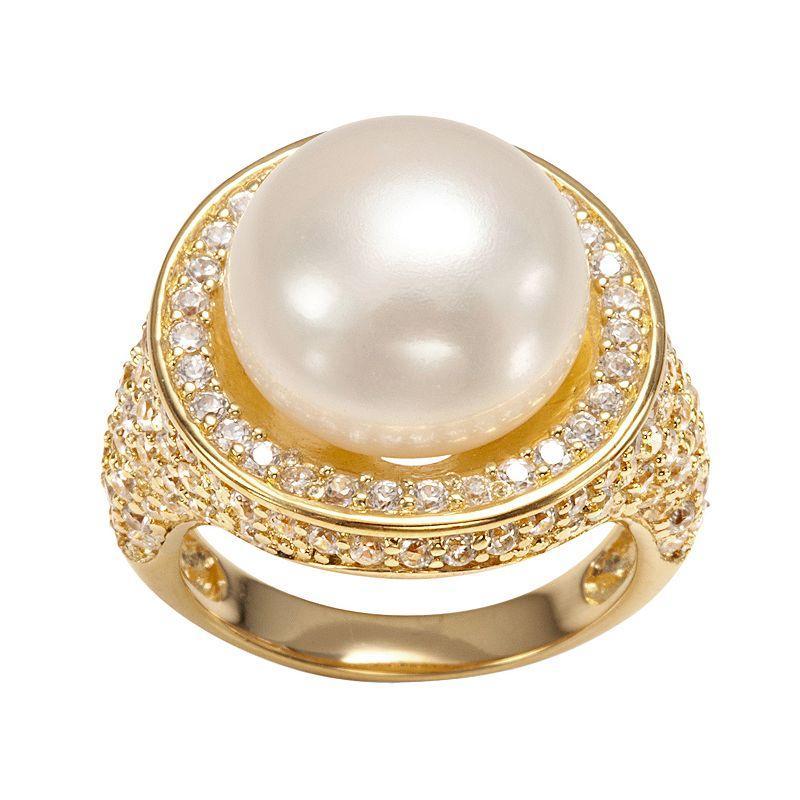 Sophie Miller 14k Gold Over Silver Freshwater Cultured Pearl & Cubic Zirconia Halo Ring, Womens White Product Image