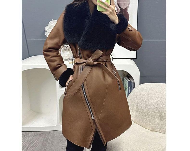 Fleece Collar Asymmetrical Faux Leather Zip Coat Product Image