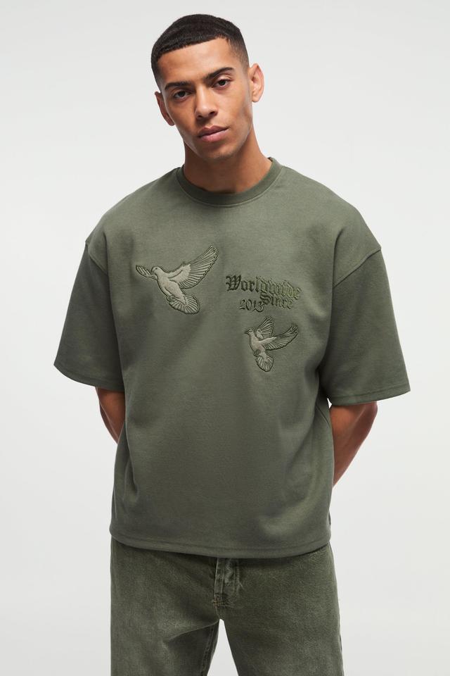 Smart Oversized Boxy Super Heavyweight Embroidered Interlock T-shirt | boohooMAN USA Product Image