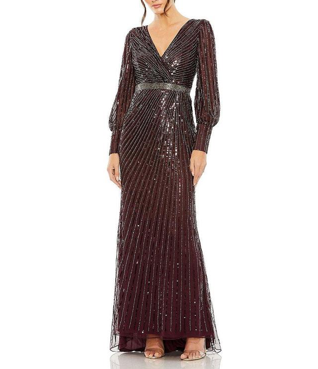 Mac Duggal Sequin Surplice V-Neck Long Bishop Sleeve Wrap Over Gown Product Image