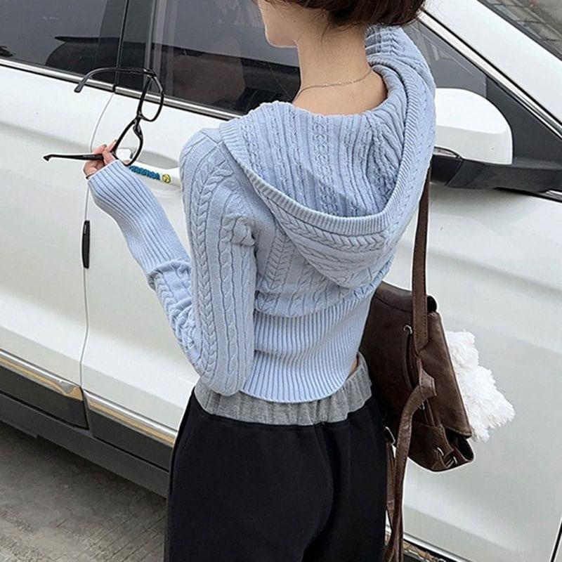 Long Sleeve Plain Cable-Knit Zip-Up Crop Hooded Cardigan Product Image